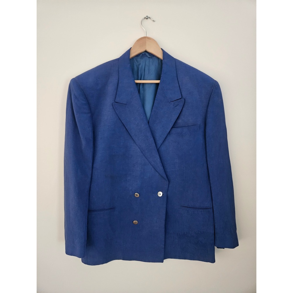 Claude Montana Paris Mens Blue Linen Silk Double Breasted Blazer IT54 44 Vintage